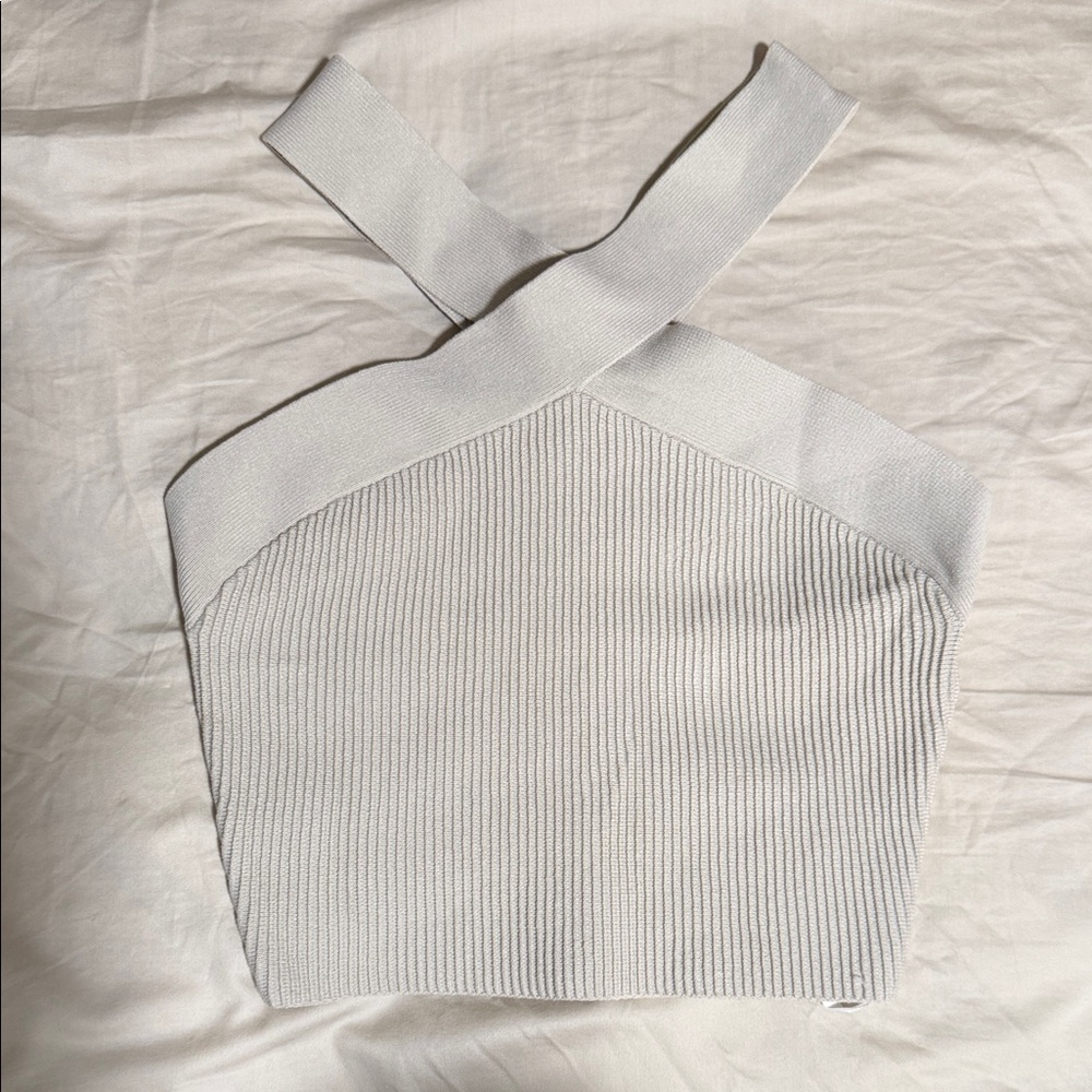 Babaton Nude Ribbed Knit Cross-Back Top